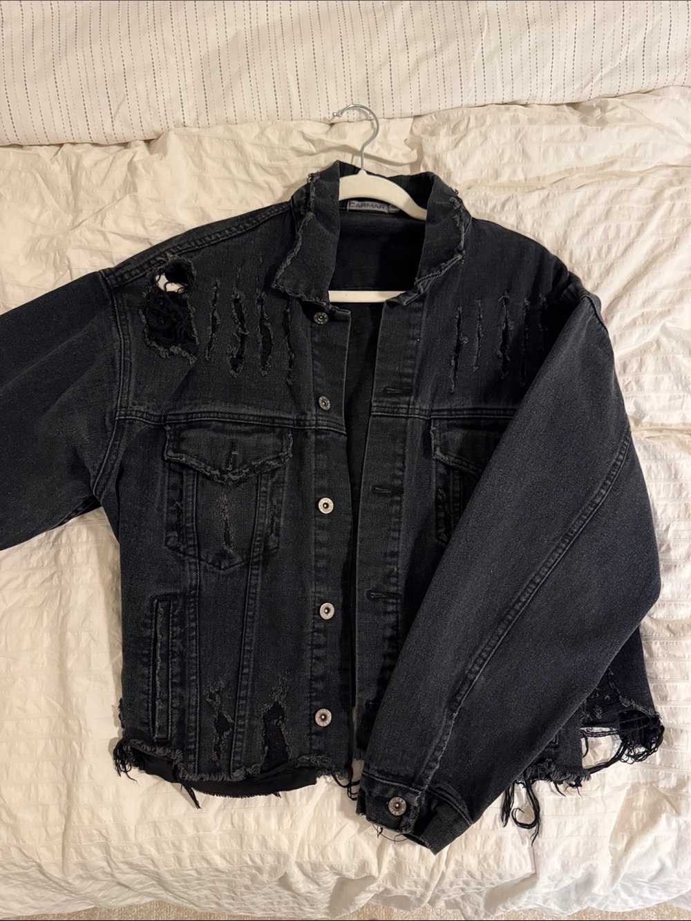 Distressed Carmar Black Denim Jacket - Oversized Ripped Style